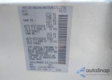 2013 Infiniti Jx35 z USA, uszkodzony, nr VIN 5N1AL0MN8DC317428